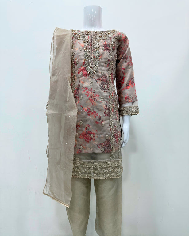 Simrans Girls Mocha Fancy Silk Net Kameez Suit