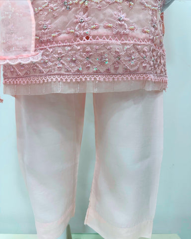 Simrans Girls Baby Pink Fancy Silk Net Kameez Suit