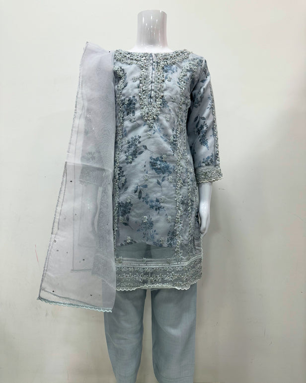 Simrans Girls Ice Blue Fancy Silk Net Kameez Suit