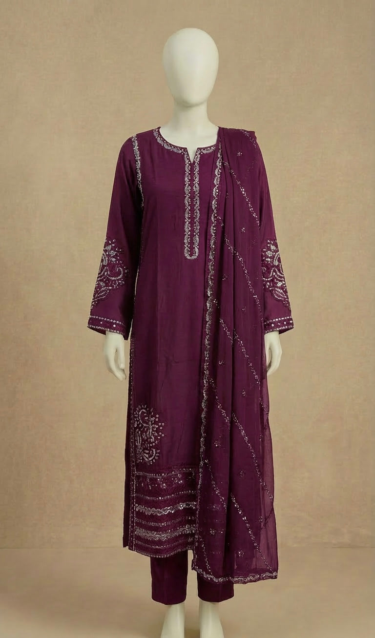 Plum Sequin Embroidered Long Kameez Suit by Simrans