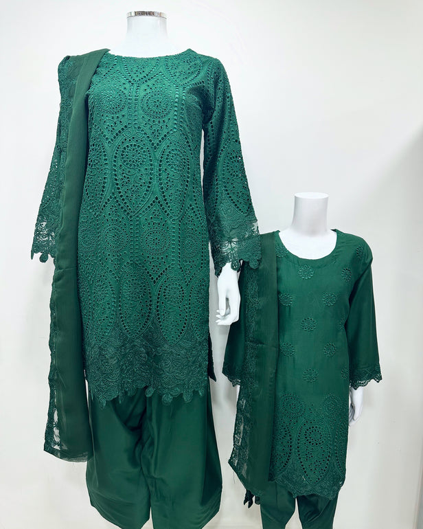 Simrans Girls Boho Chikankari Emerald Green Embroidered Farshi Suit