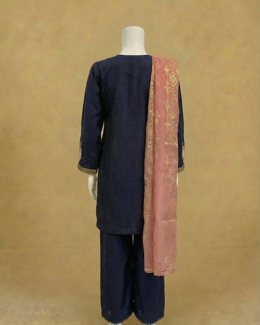 Girls Navy Viscose Embellished Kameez Suit by Simrans