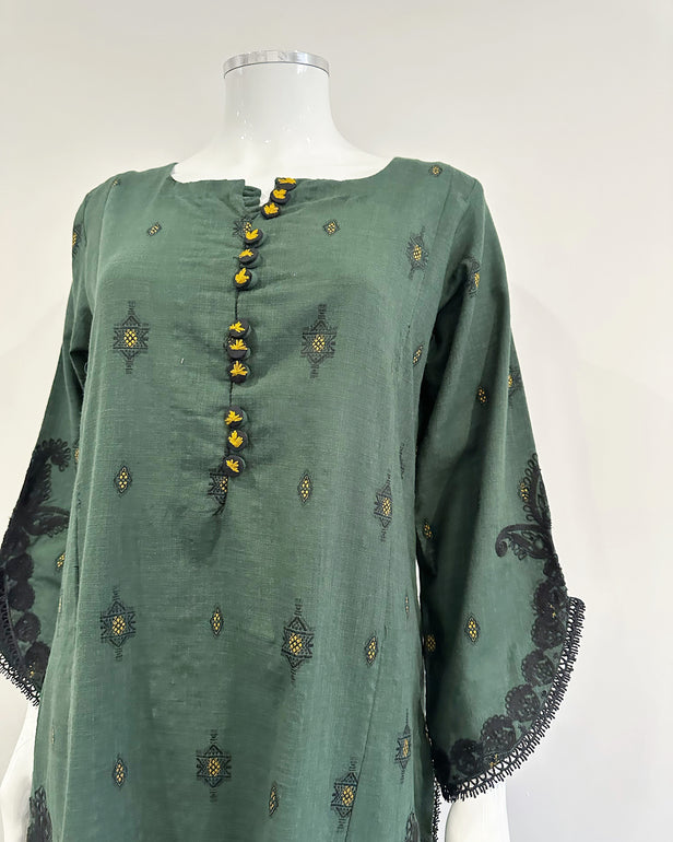 Simrans Sage Black Embroidered Jacquard Khaddar Embroidered Suit