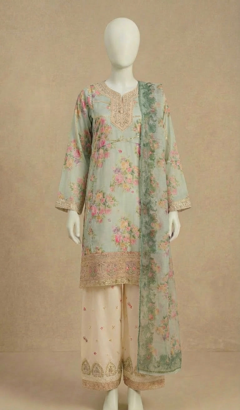 Ethnic Inspired Mint Green Embroidered Farshi Suit by Simrans