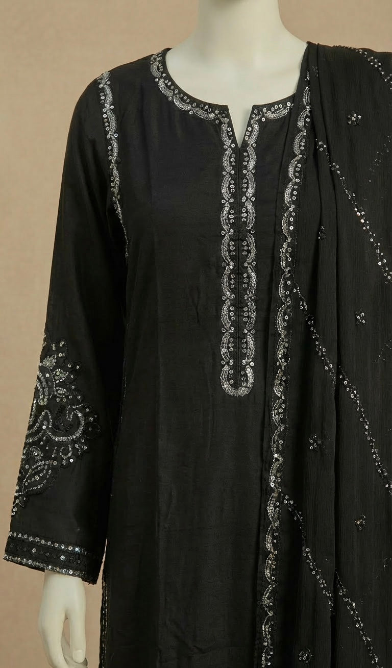 Black Sequin Embroidered Long Kameez Suit by Simrans