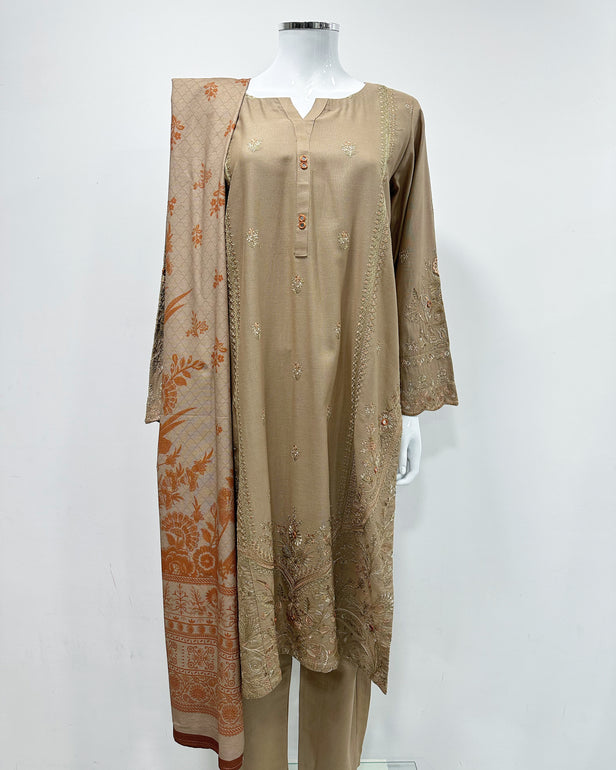 RAFIA Designer Beige Contrast Khaddar Kameez Suit