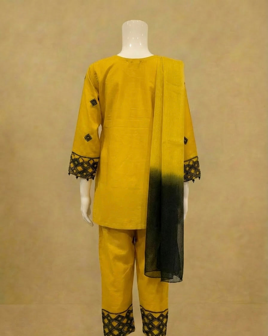 Girls Mustard Embroidered Peplum Suit by Simrans