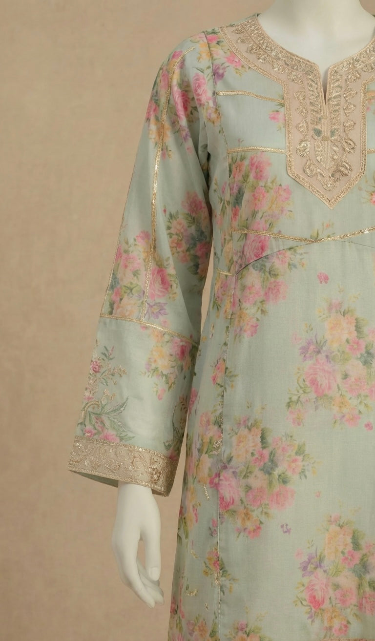 Ethnic Inspired Mint Green Embroidered Farshi Suit by Simrans