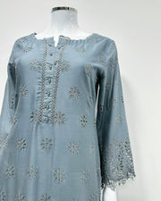 Simrans 'Firdous' Slate Grey Premium Chikankari Kameez Suit