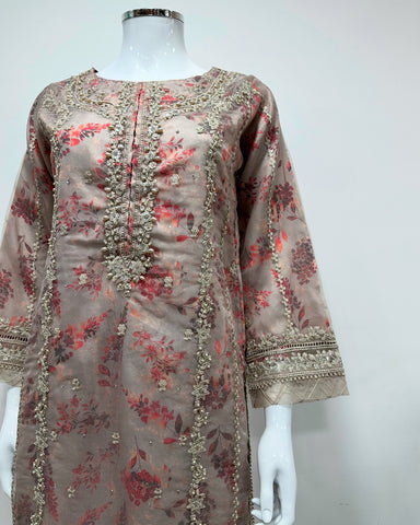 Simrans Ladies Mocha Fancy Silk Net Kameez Suit