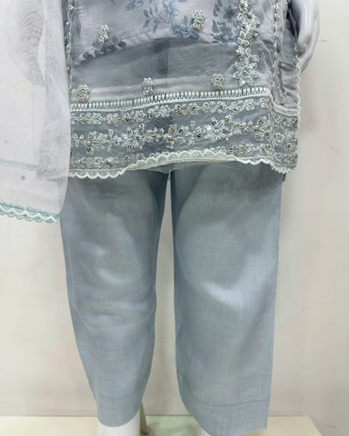 Simrans Girls Ice Blue Fancy Silk Net Kameez Suit