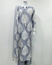 Simrans Jannat Grey White Embroidered Linen Shawl Suit