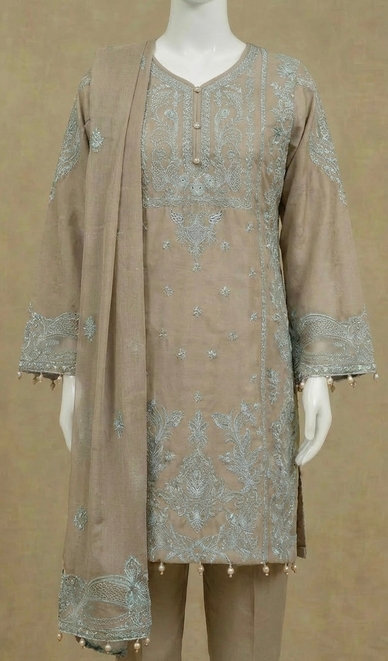 Girls Taupe Embroidered Lawn Suit by Simrans