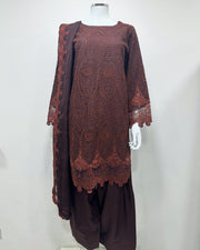 Simrans Ladies Boho Chikankari Brown Embroidered Farshi Suit