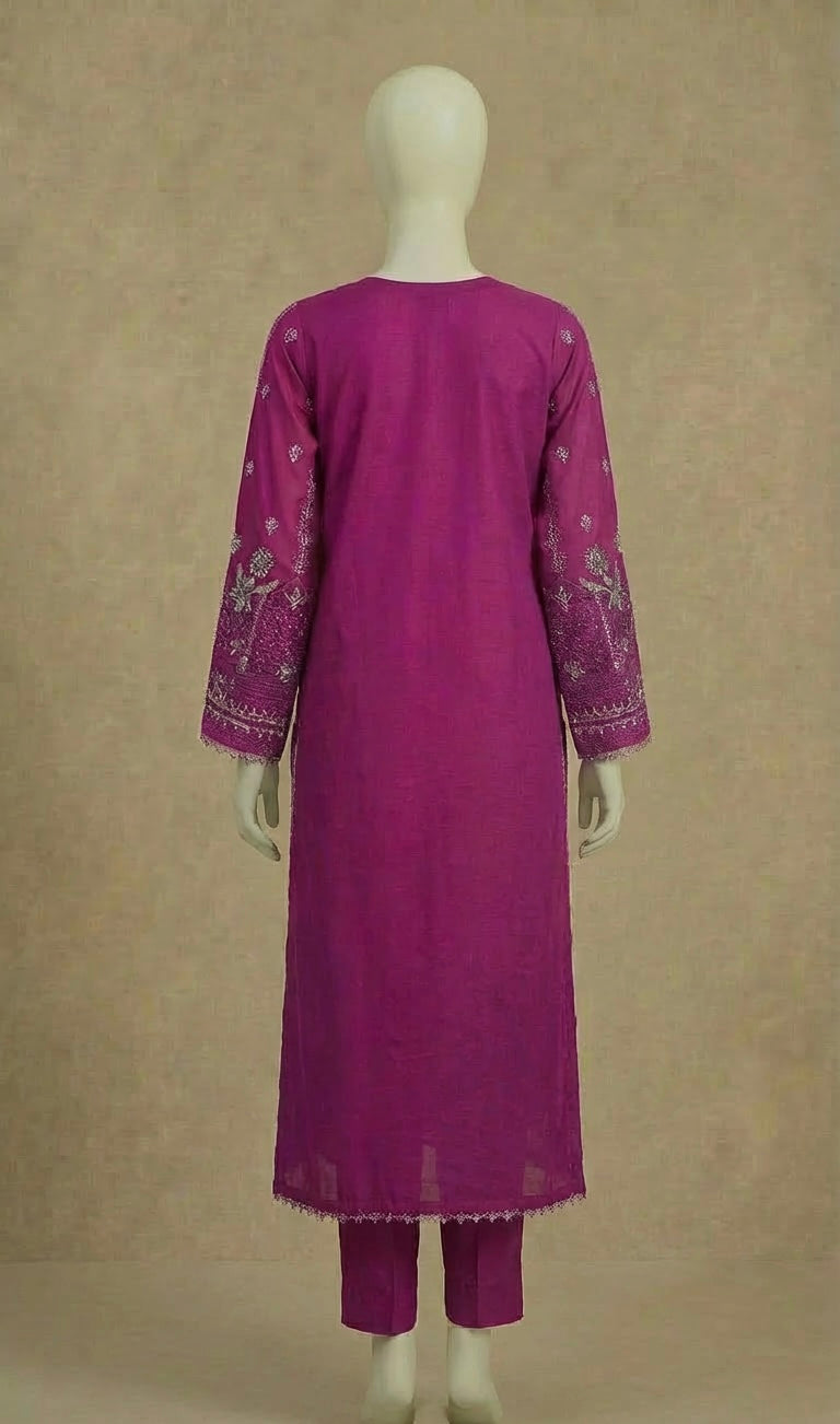 Luxury Cotton Purple Embroidered Suit by Rafia
