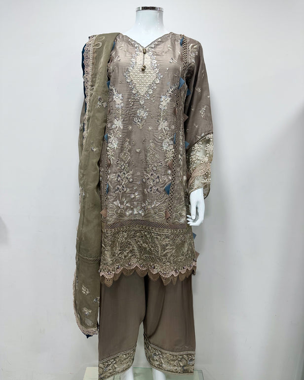 Simrans Ladies Ivana Lux Farshi Greige Viscose Embroidered Suit
