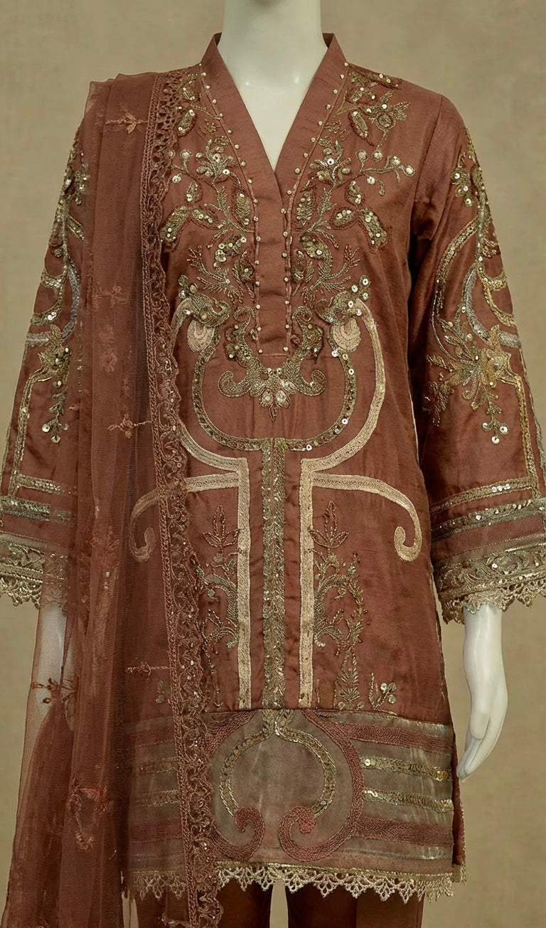 Girls Maria B Inspired Brown Embroidered Silk Suit by Simrans