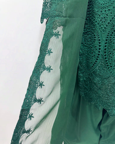 Simrans Ladies Boho Chikankari Emerald Green Embroidered Farshi Suit
