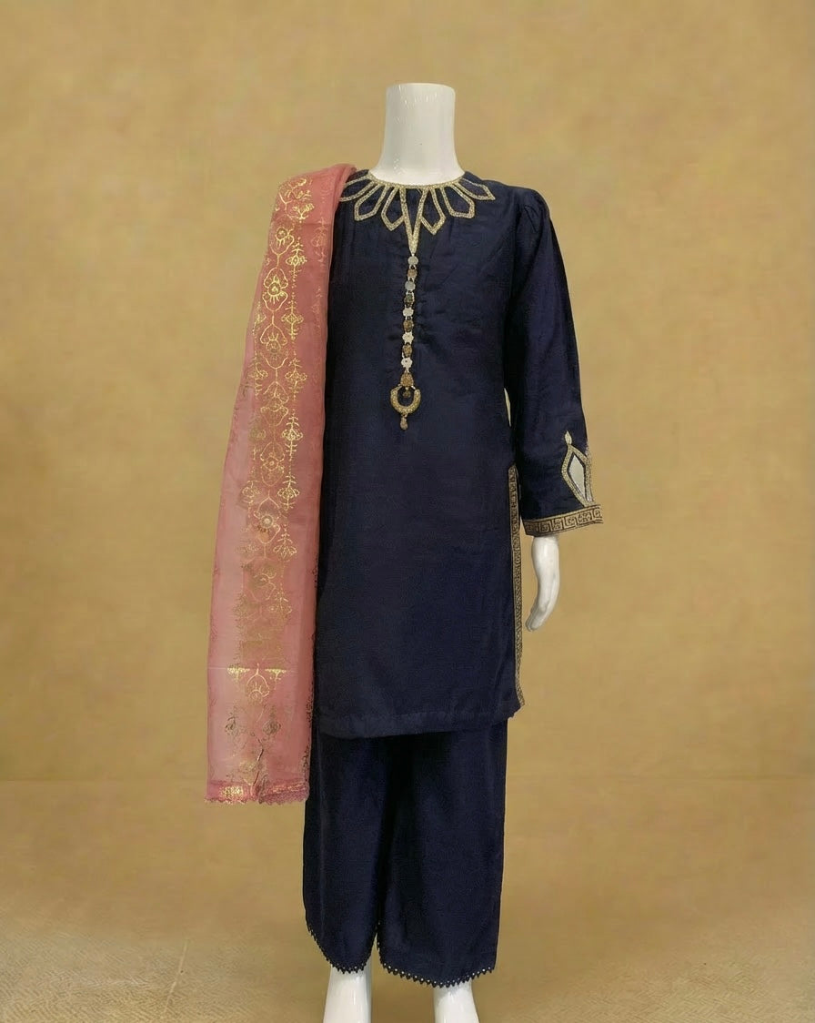 Girls Navy Viscose Embellished Kameez Suit by Simrans
