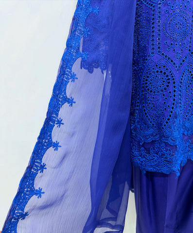 Simrans Ladies Boho Chikankari Cobalt Blue Embroidered Farshi Suit