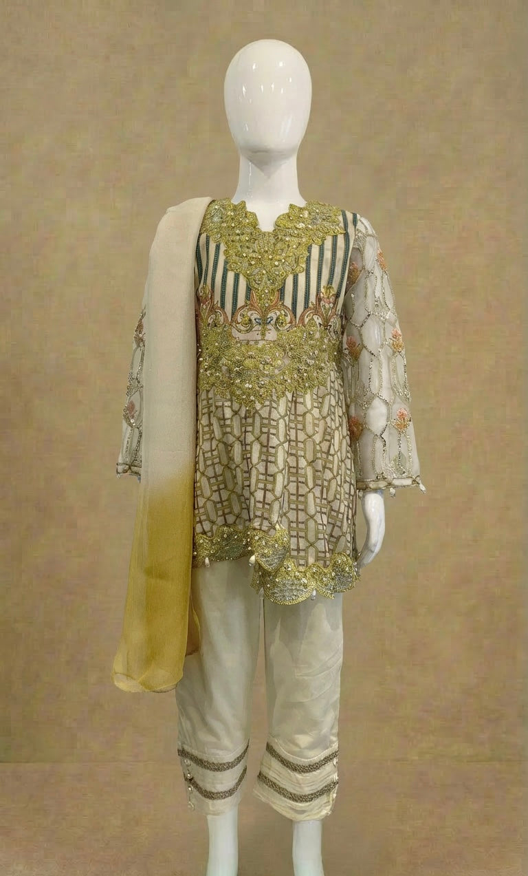 Girls Festive Lawn Gold  Fancy Embellished Dress Suit by Simrans
