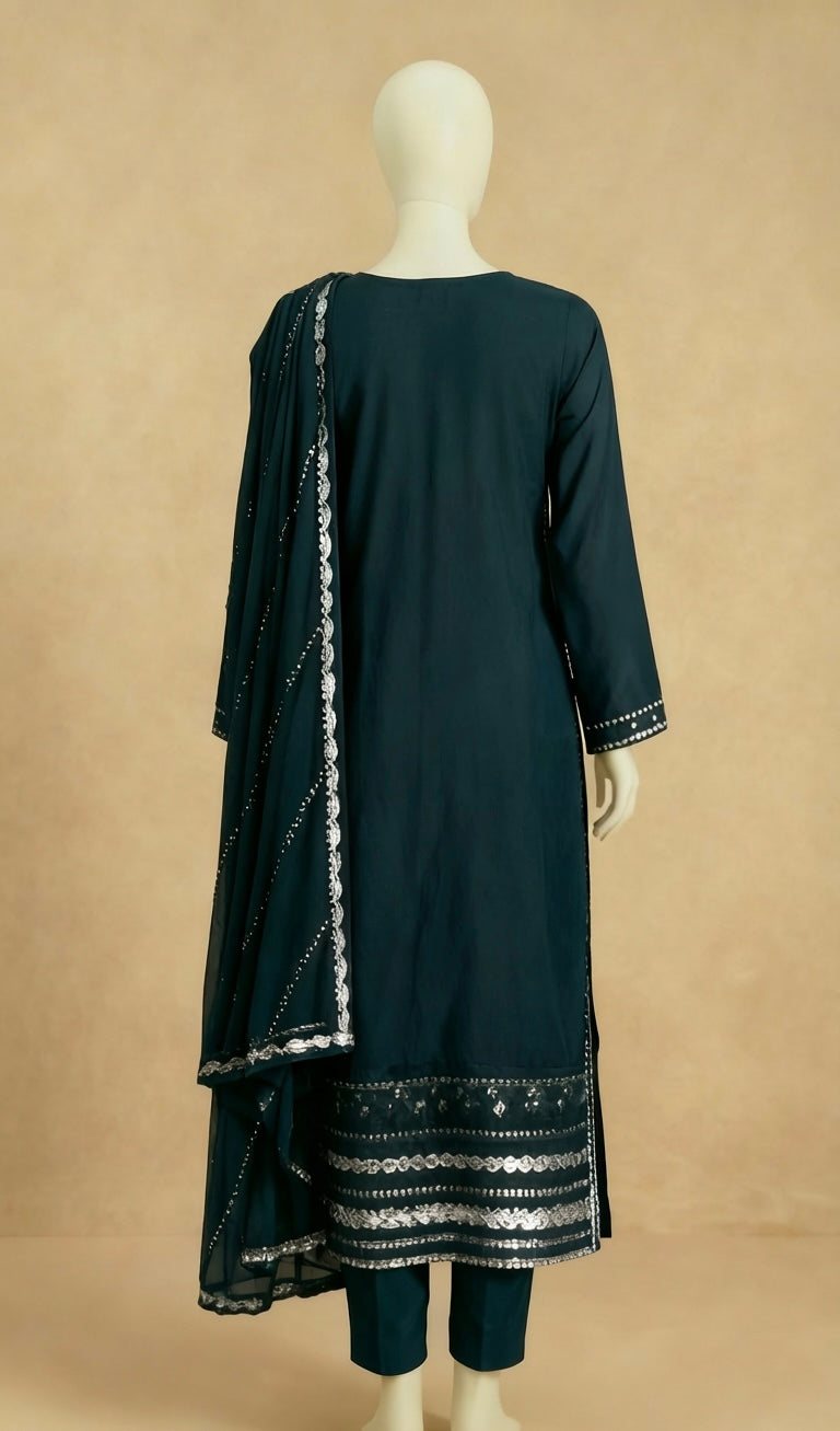 Teal Sequin Embroidered Long Kameez Suit by Simrans