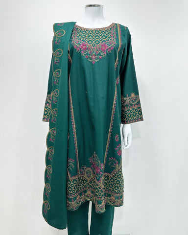 RAFIA Designer Green Contrast Khaddar Kameez Suit