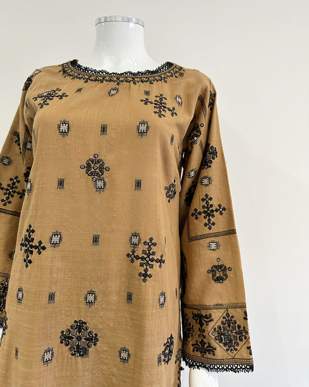 Simrans Ochre Black Embroidered Jacquard Khaddar Embroidered Suit