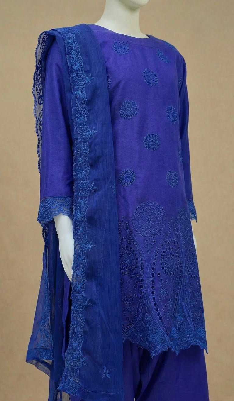 Girls Boho Chikankari Cobalt Blue Embroidered Farshi Suit by Simrans