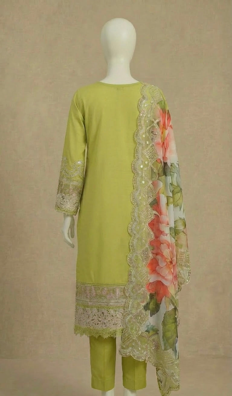 Luxury Cotton Olive Embroidered Suit by Rafia