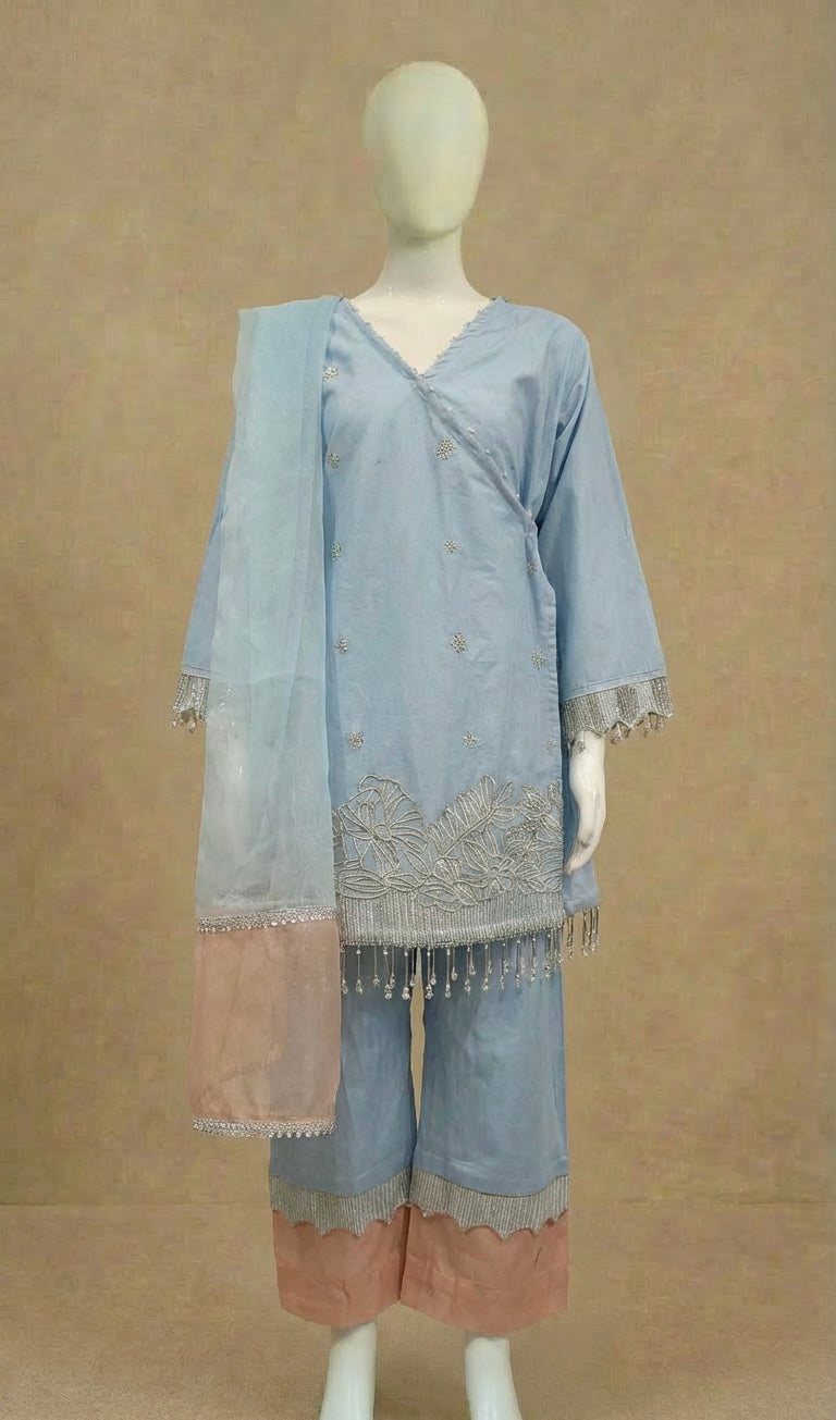 Girls Pale Blue Embroidered Peplum Suit by Simrans