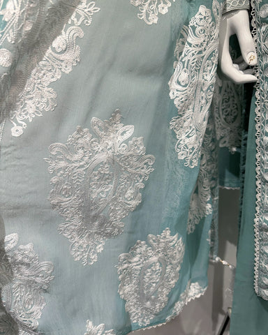Simrans Mint Linen White Contrast Fancy Embroidered Suit