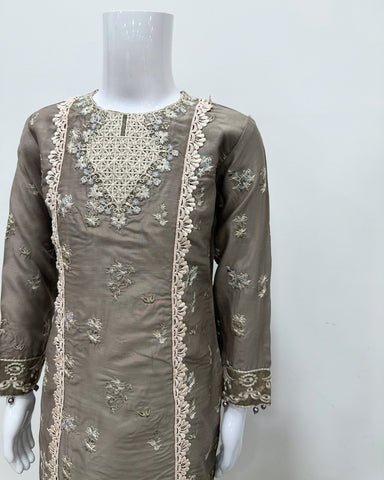 Simrans Girls Ivana Lux Farshi Greige Viscose Embroidered Suit
