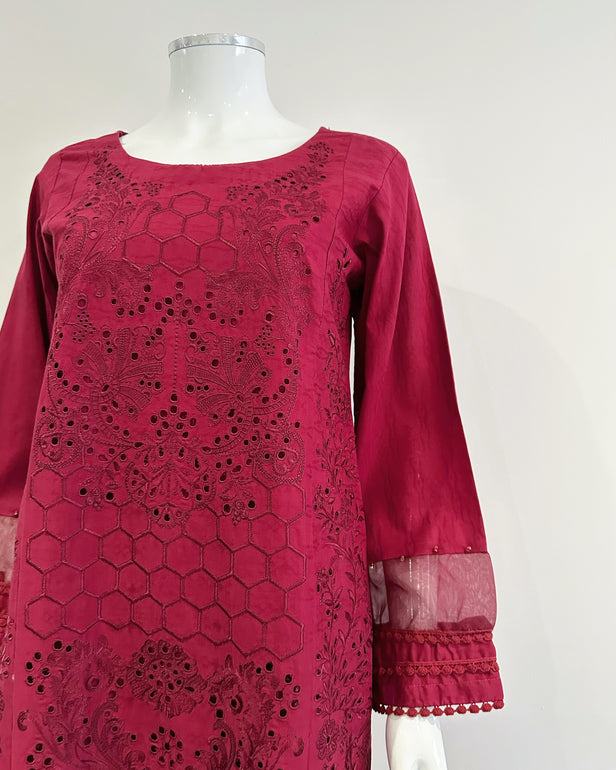 Simrans Deep Red Chickankari Embroidered Kameez Suit