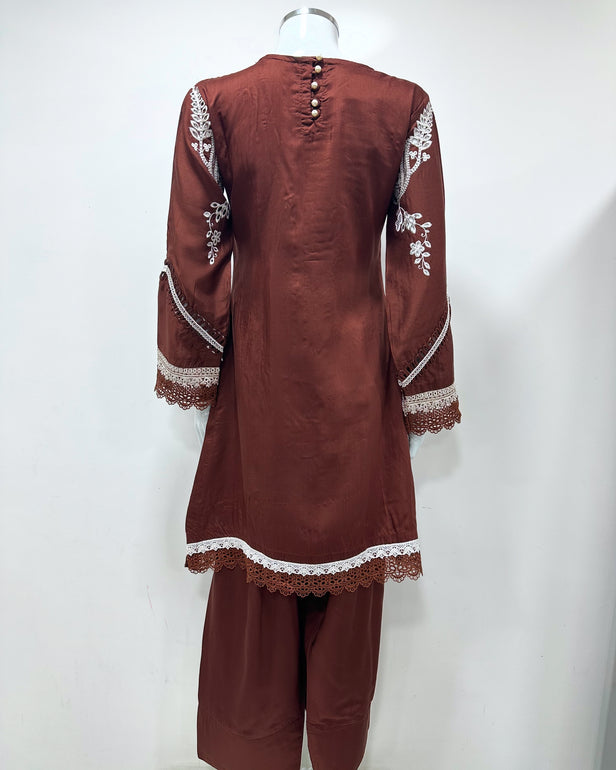 Simrans Ivana Lux Farshi Dark Brown Viscose Embroidered Suit