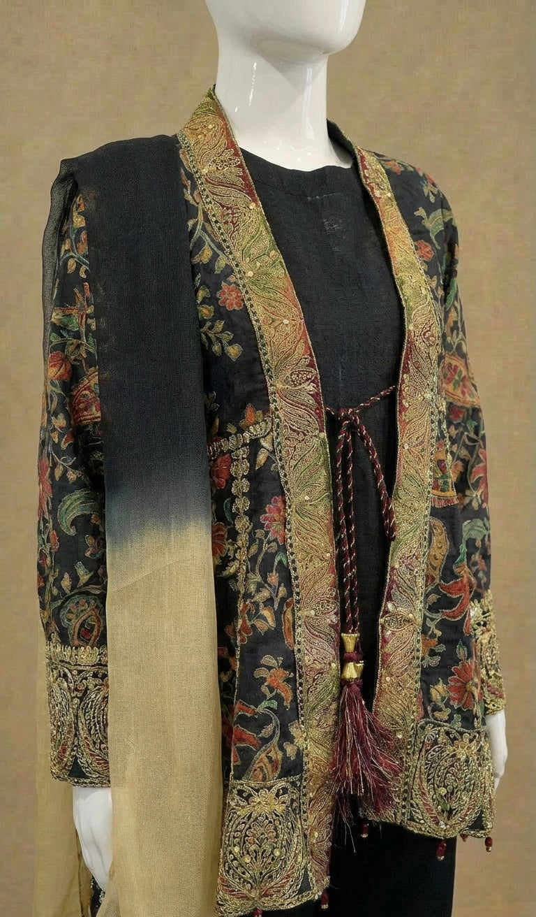 Girls Festive Black Jacket Fancy Embroidered Suit by Simrans
