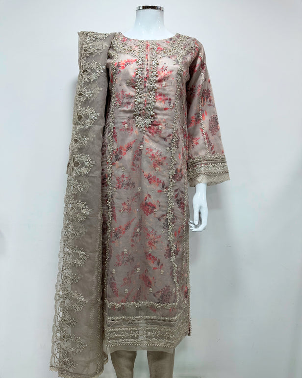 Simrans Ladies Mocha Fancy Silk Net Kameez Suit