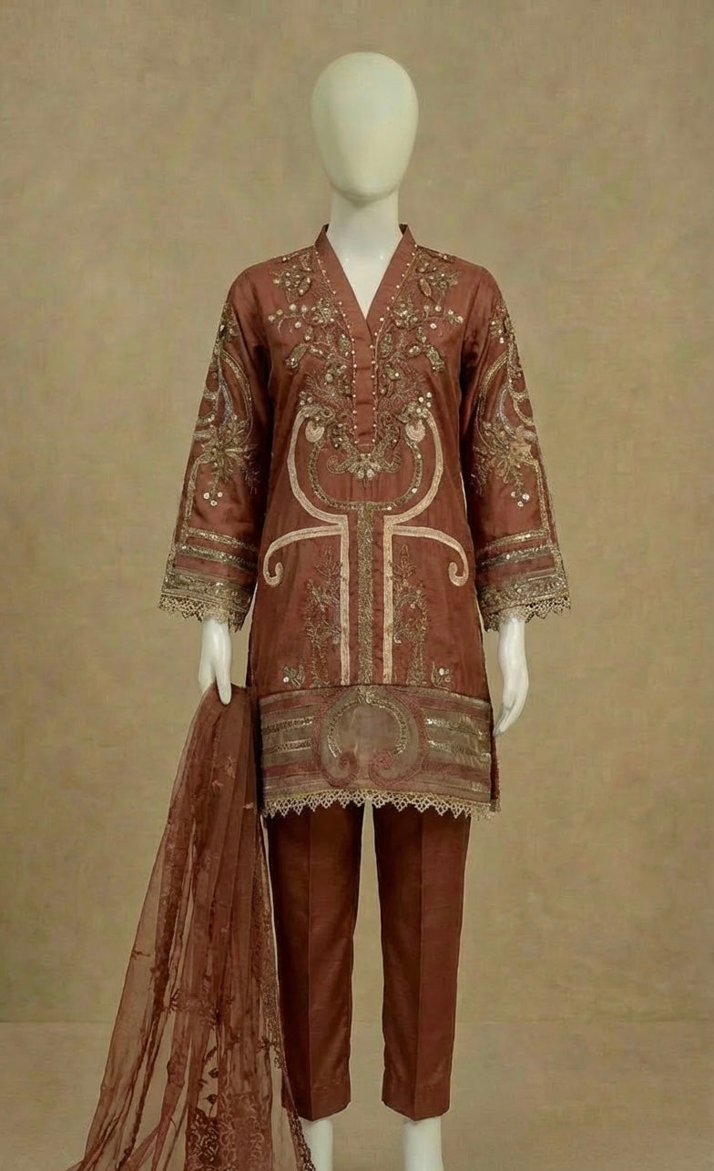 Girls Maria B Inspired Brown Embroidered Silk Suit by Simrans