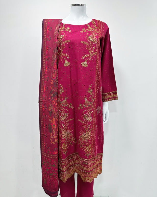 RAFIA Designer Pink Contrast Khaddar Kameez Suit