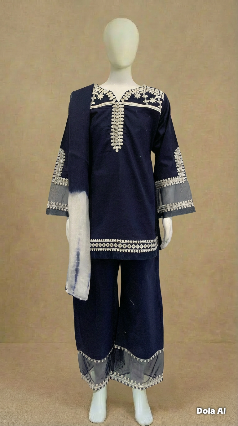 Girls Navy Embroidered Kameez Suit by Simrans