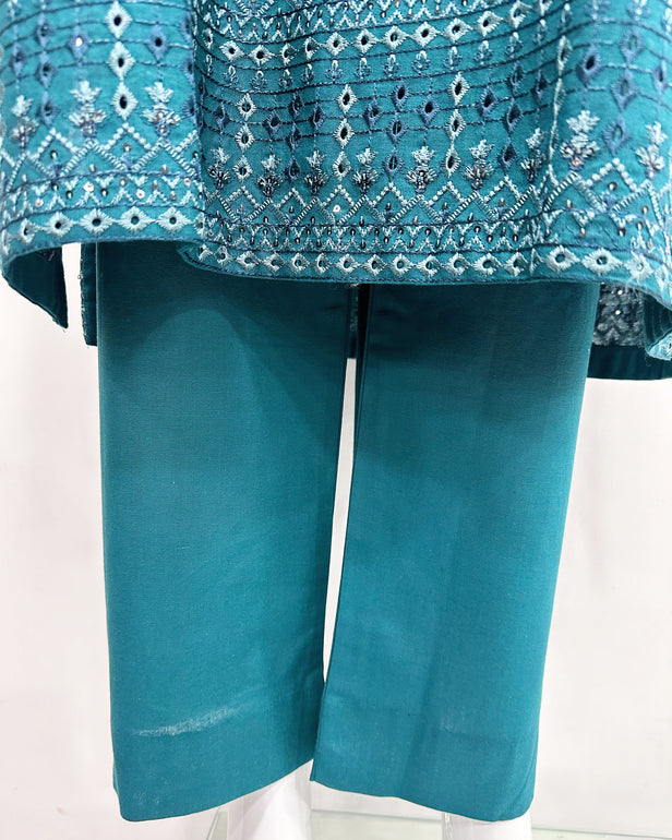 RAFIA Designer Teal Contrast Khaddar Kameez Suit