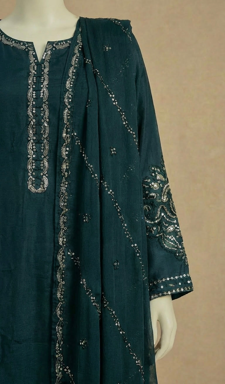 Teal Sequin Embroidered Long Kameez Suit by Simrans