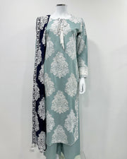 Simrans Jannat Mint Contrast White Embroidered Linen Shawl Suit