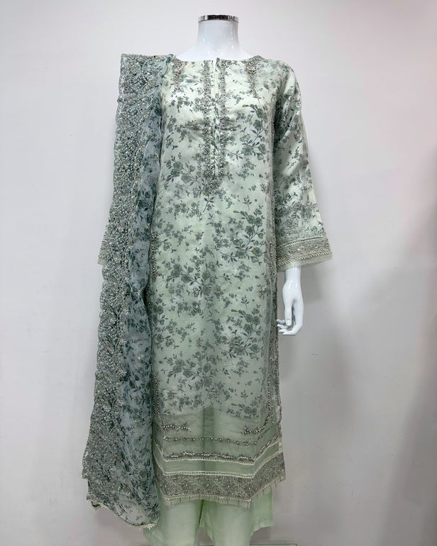 Simrans Ladies Mint Fancy Silk Net Kameez Suit