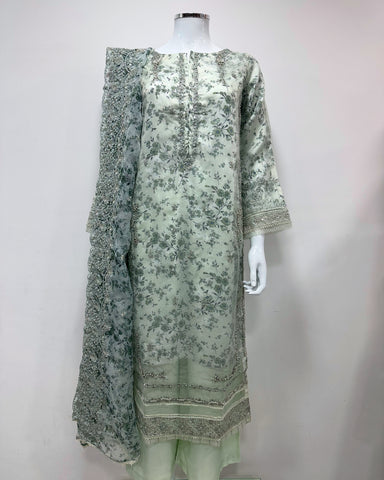 Simrans Ladies Mint Fancy Silk Net Kameez Suit