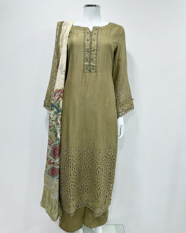 Simrans 'Firdous' Olive Premium Chikankari Kameez Suit