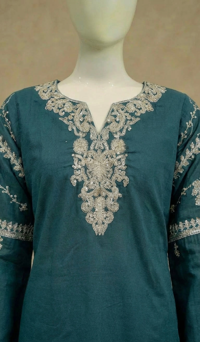 Girls Teal Embroidered Kameez Suit by Simrans
