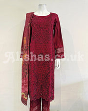 Simrans Deep Red Chickankari Embroidered Kameez Suit