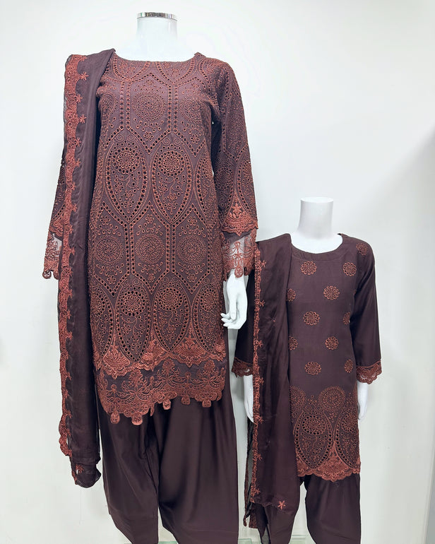 Simrans Girls Boho Chikankari Brown Embroidered Farshi Suit
