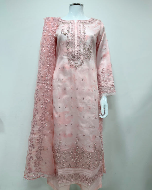 Simrans Ladies Baby Pink Fancy Silk Net Kameez Suit